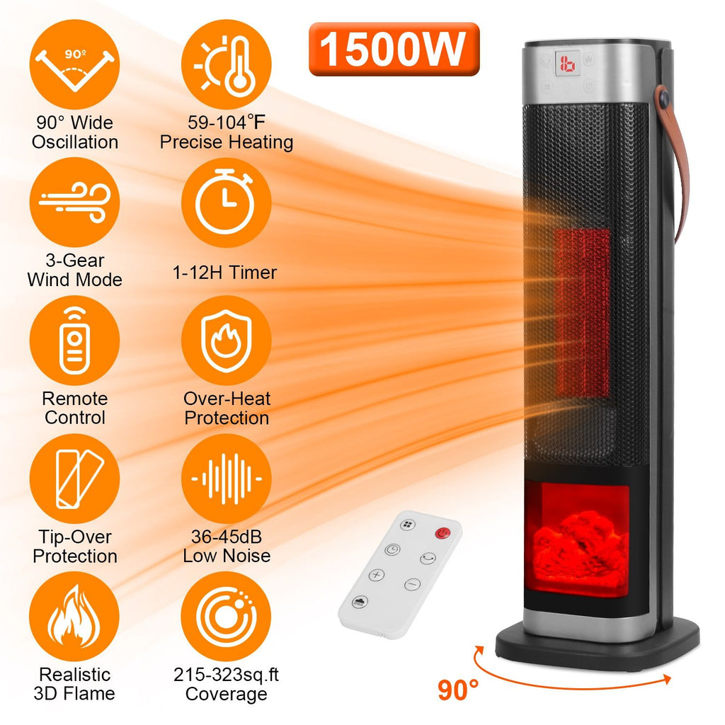 1500W Oscillating Ceramic Tower Space Heater with 3D Flame and Remote Control