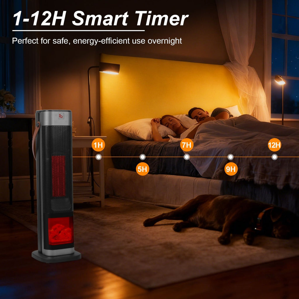 1500W Oscillating Ceramic Tower Space Heater with 3D Flame and Remote Control