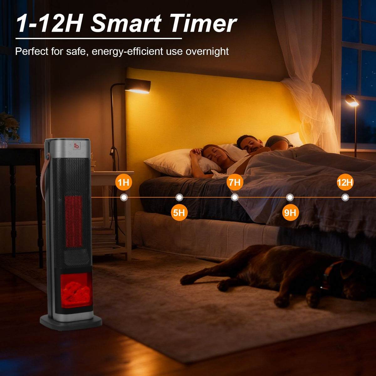 1500W Oscillating Ceramic Tower Space Heater with 3D Flame and Remote Control