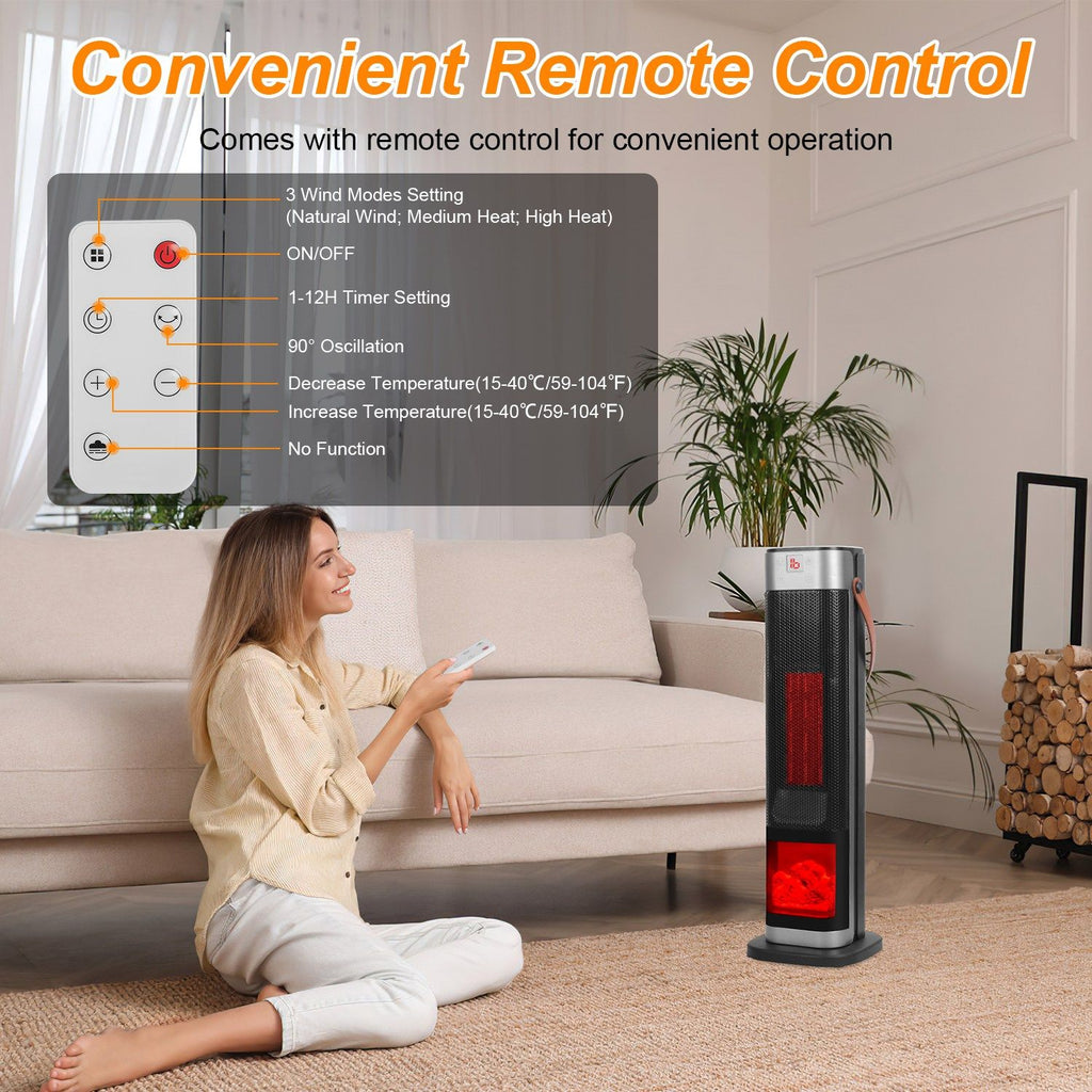 1500W Oscillating Ceramic Tower Space Heater with 3D Flame and Remote Control