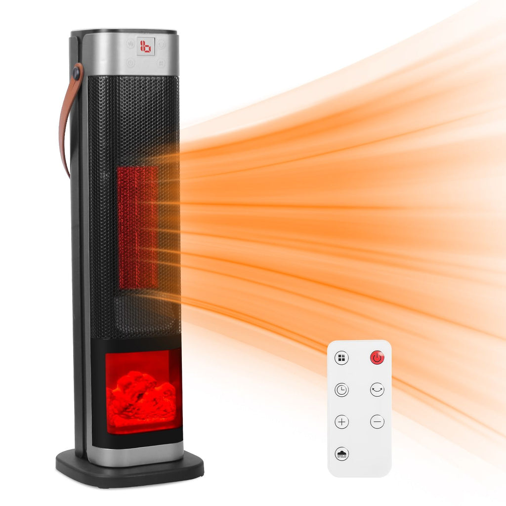 1500W Oscillating Ceramic Tower Space Heater with 3D Flame and Remote Control