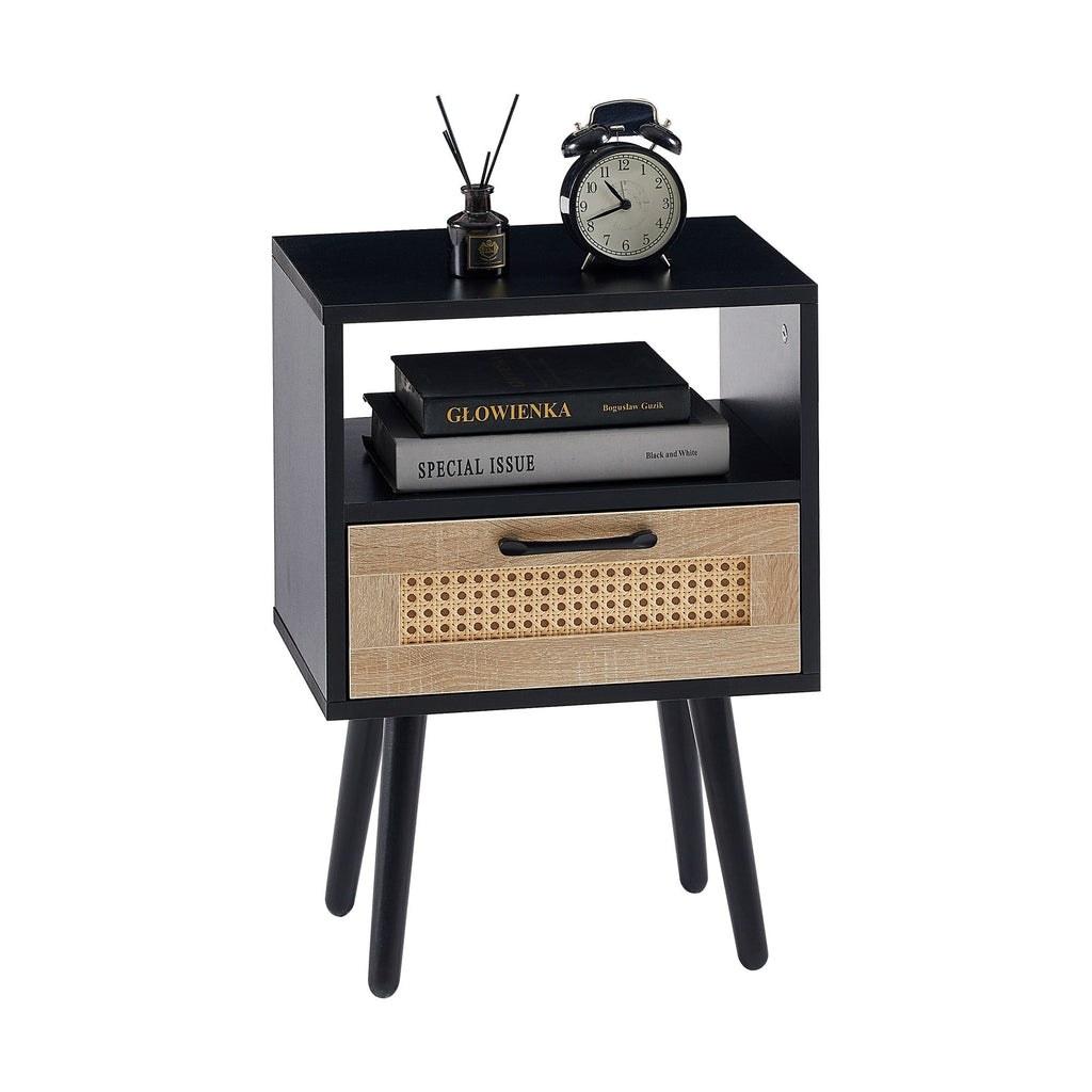 Rattan End table with drawer and solid wood legs, Modern nightstand, side table for