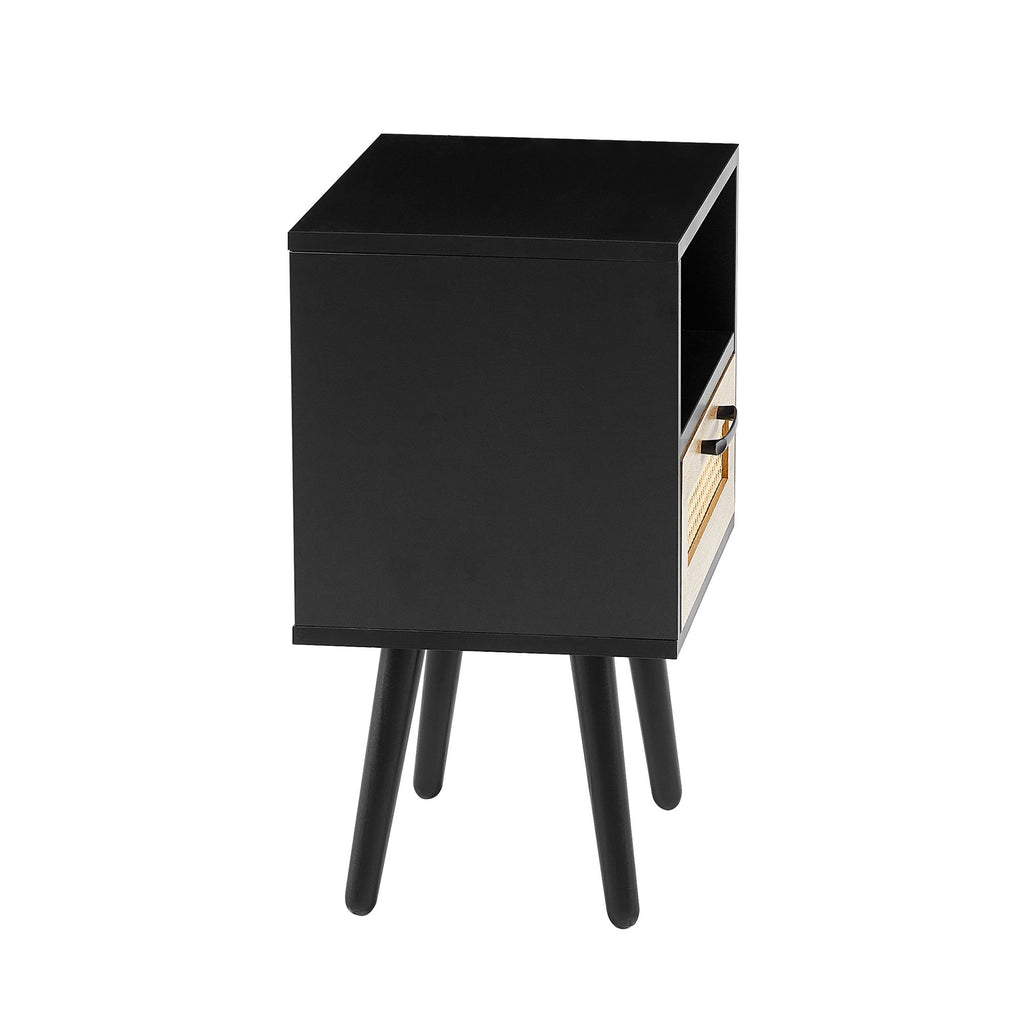 Rattan End table with drawer and solid wood legs, Modern nightstand, side table for