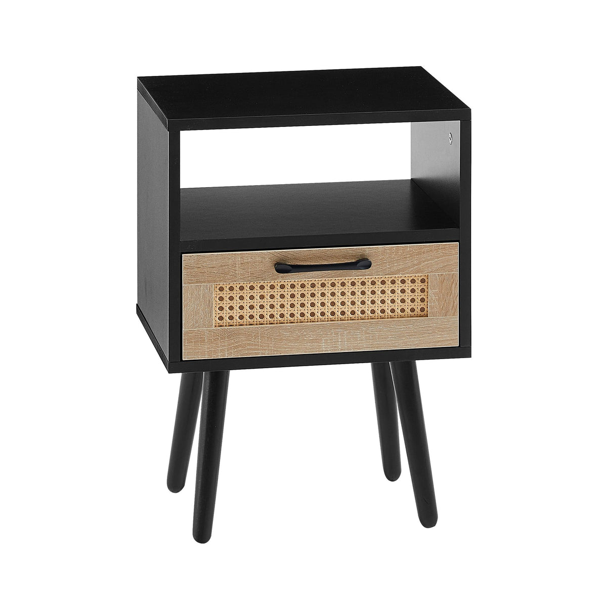 Rattan End table with drawer and solid wood legs, Modern nightstand, side table for