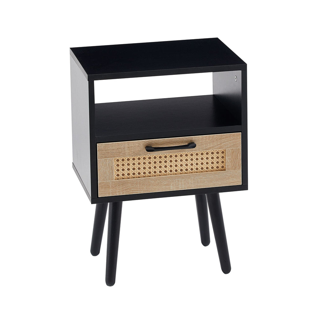 Rattan End table with drawer and solid wood legs, Modern nightstand, side table for