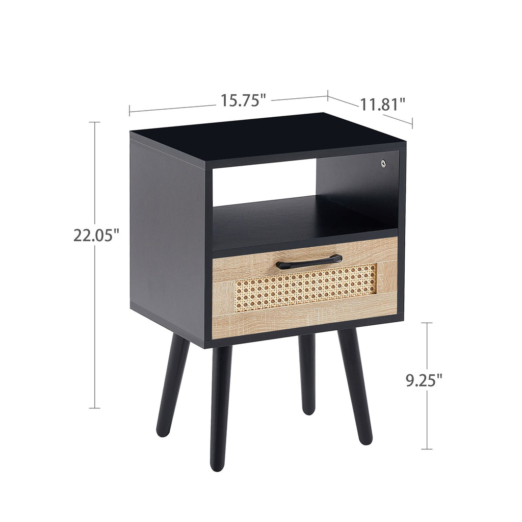 Rattan End table with drawer and solid wood legs, Modern nightstand, side table for