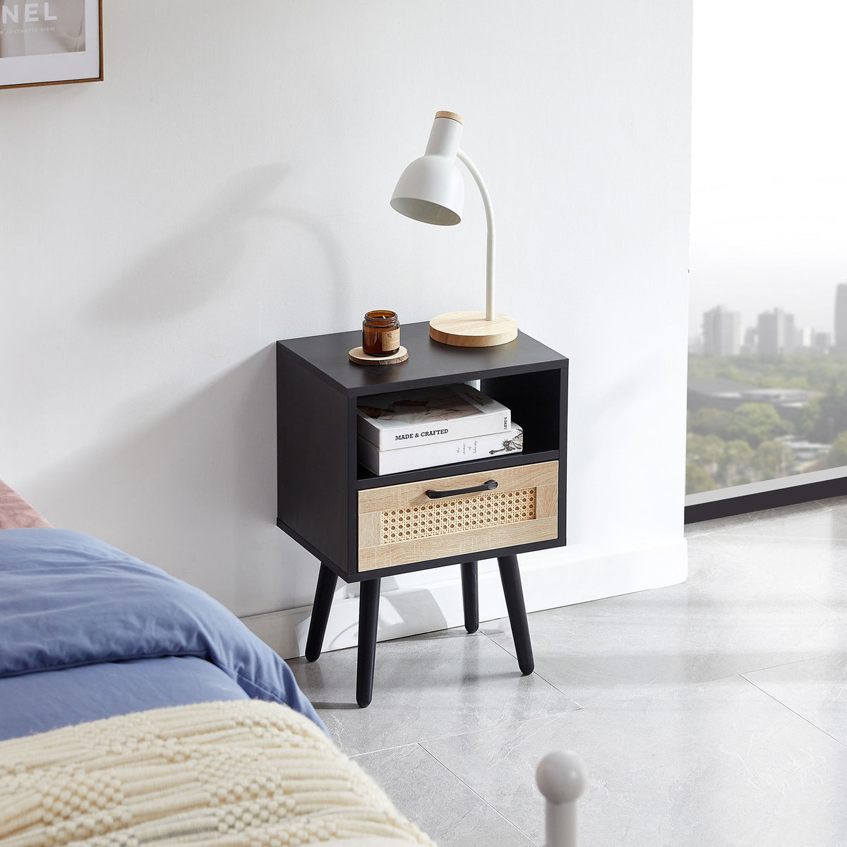 Rattan End table with drawer and solid wood legs, Modern nightstand, side table for