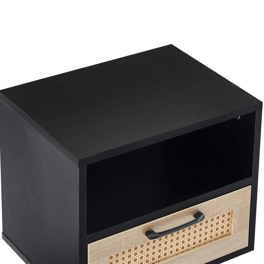 Rattan End table with drawer and solid wood legs, Modern nightstand, side table for