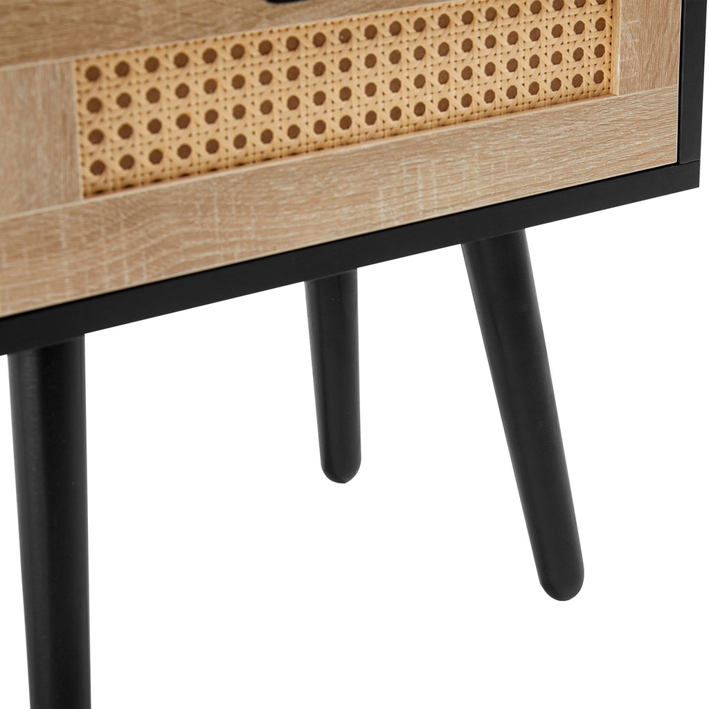 Rattan End table with drawer and solid wood legs, Modern nightstand, side table for