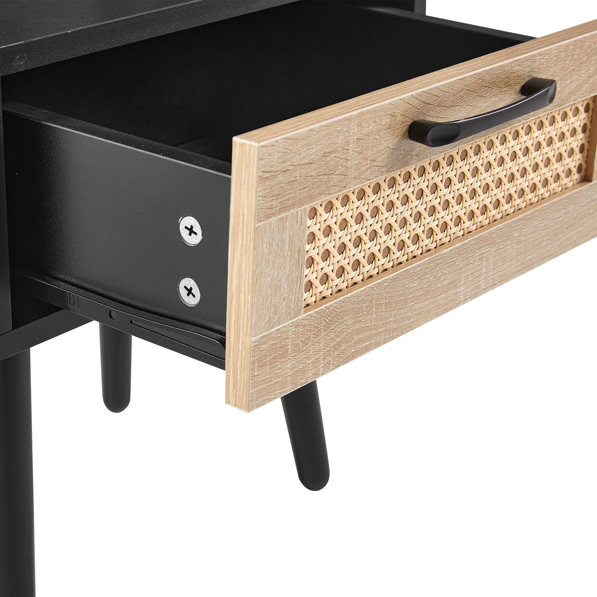 Rattan End table with drawer and solid wood legs, Modern nightstand, side table for