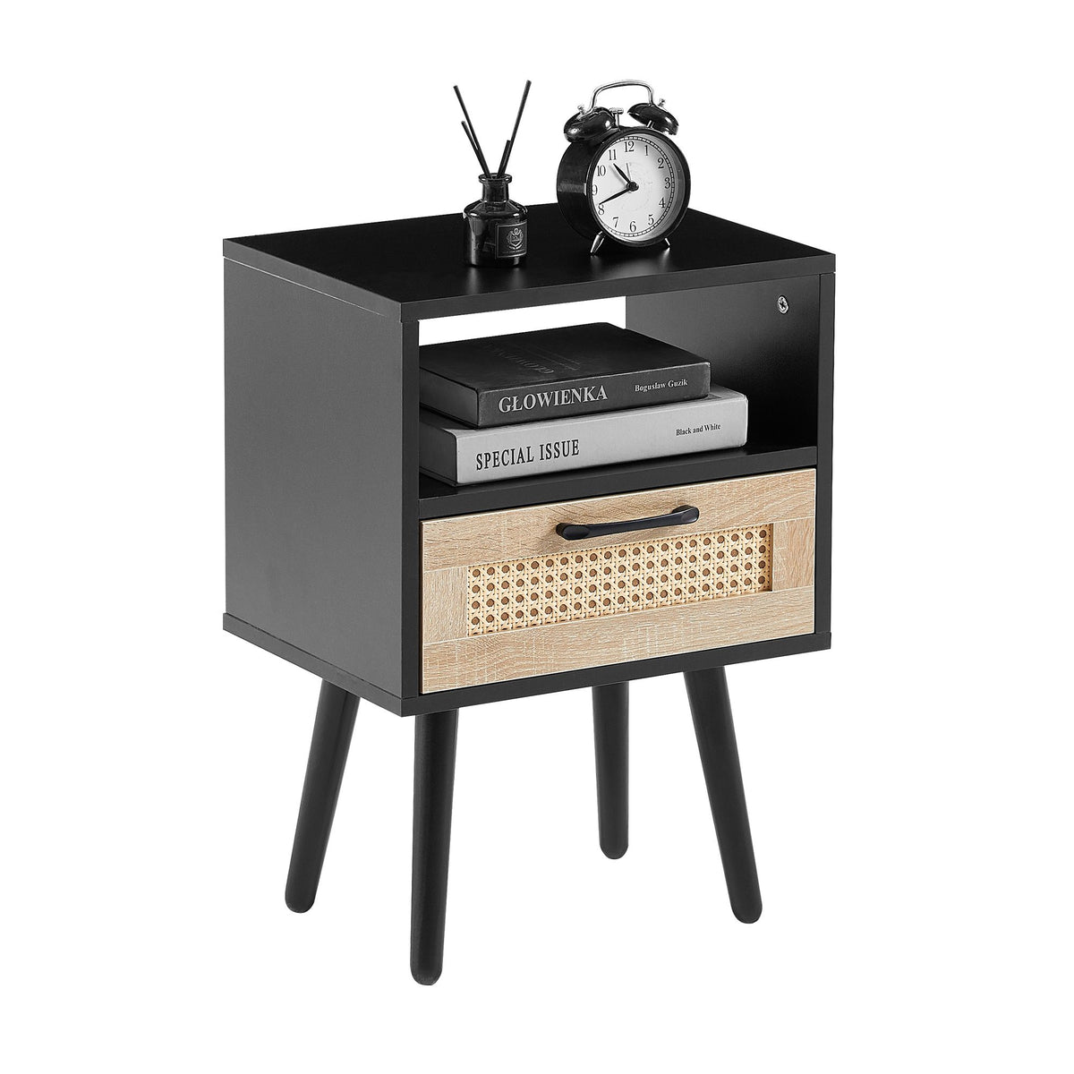 Rattan End table with drawer and solid wood legs, Modern nightstand, side table for