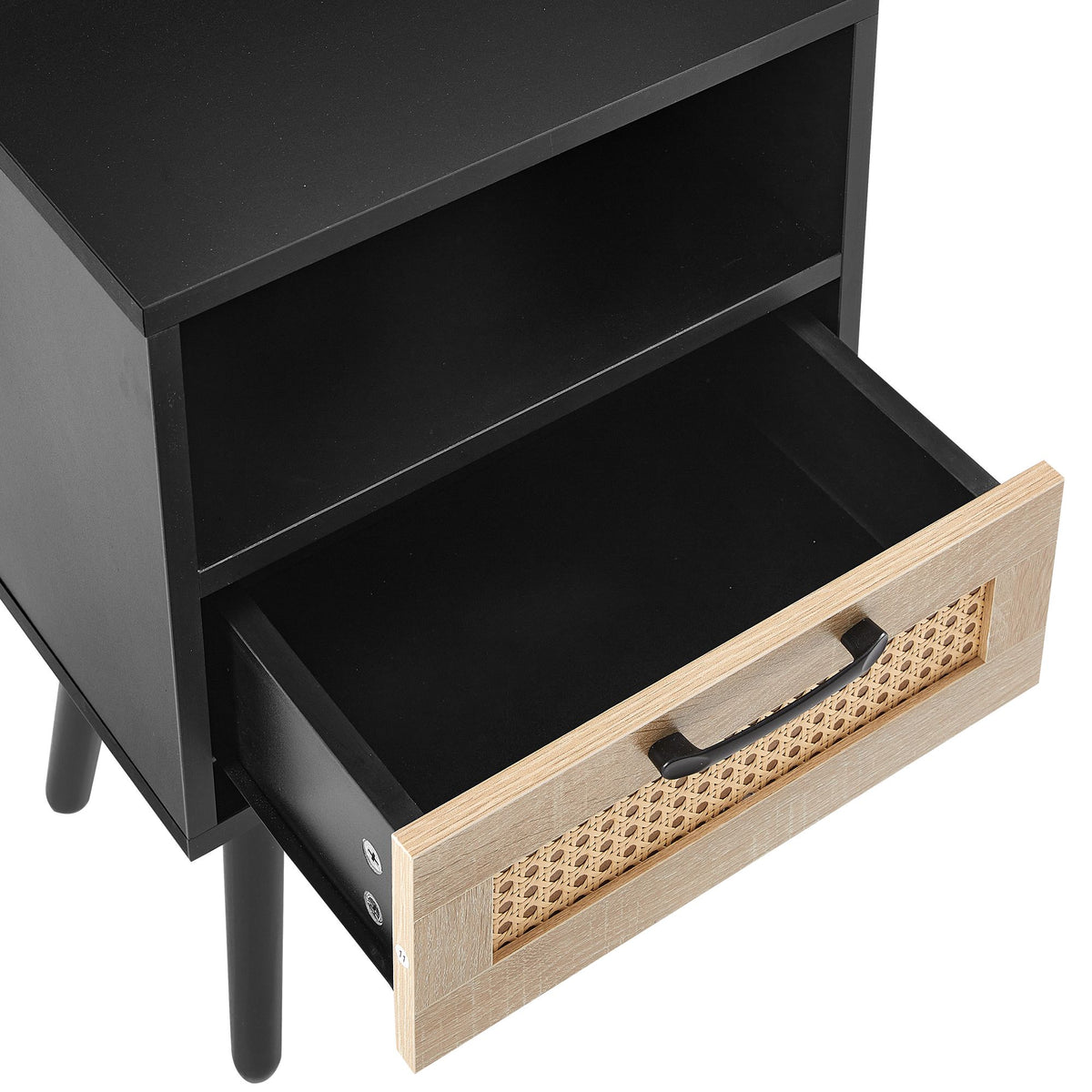 Rattan End table with drawer and solid wood legs, Modern nightstand, side table for