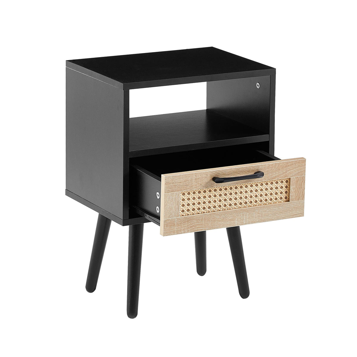 Rattan End table with drawer and solid wood legs, Modern nightstand, side table for