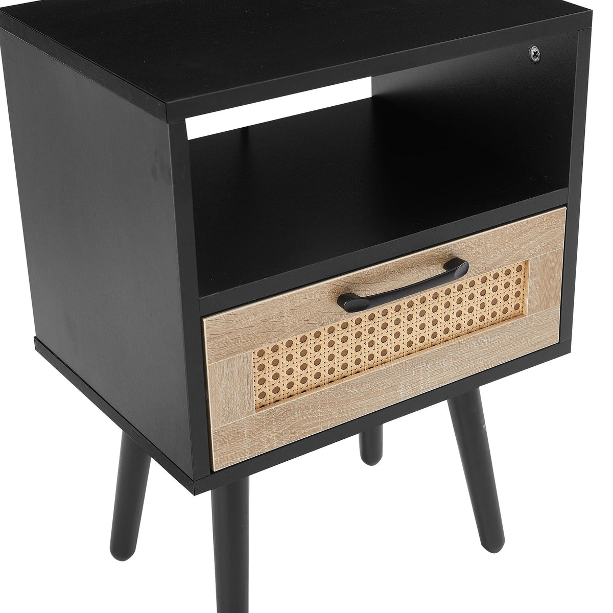 Rattan End table with drawer and solid wood legs, Modern nightstand, side table for