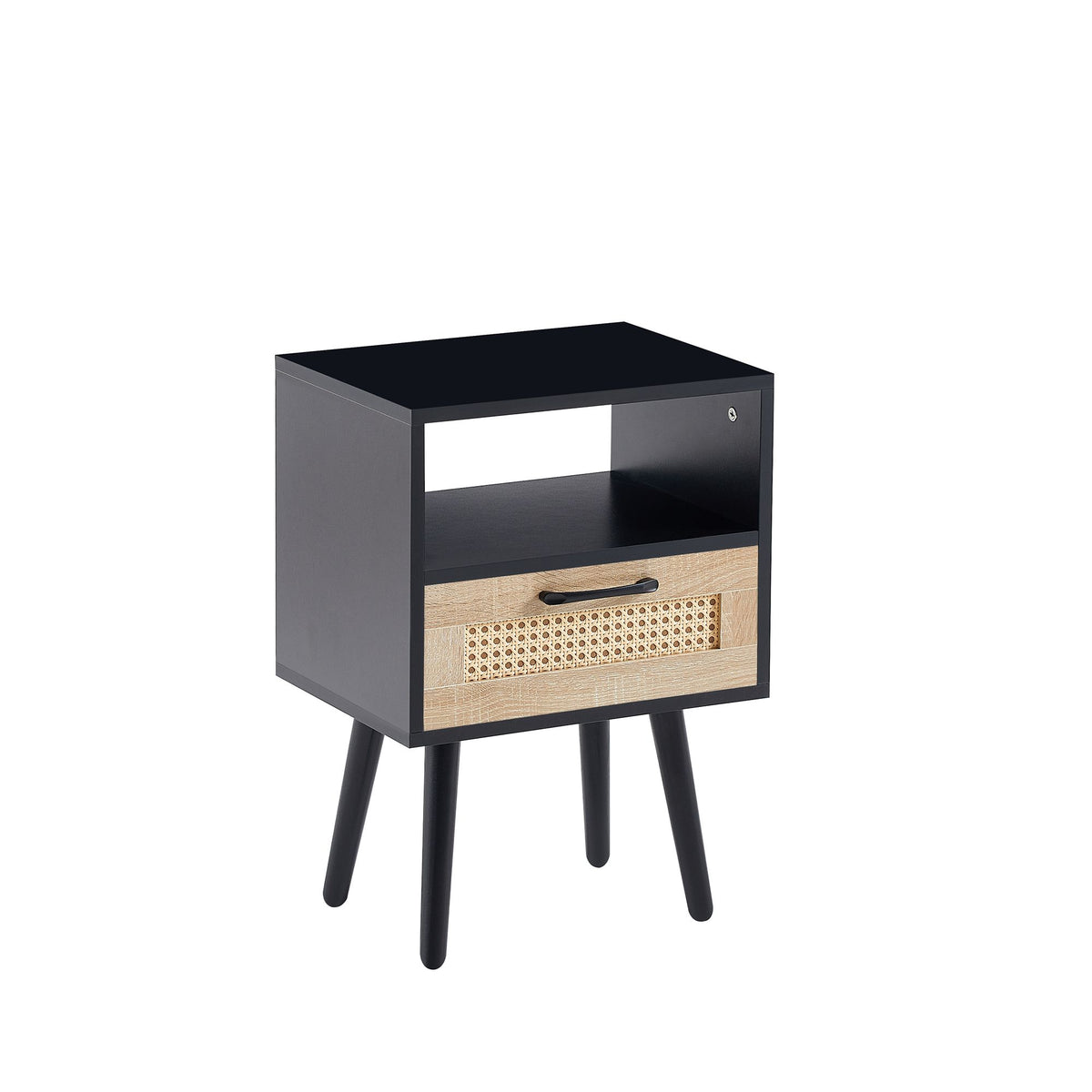Rattan End table with drawer and solid wood legs, Modern nightstand, side table for
