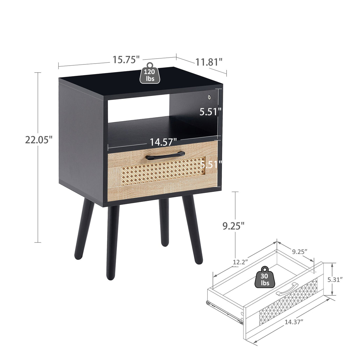 Rattan End table with drawer and solid wood legs, Modern nightstand, side table for