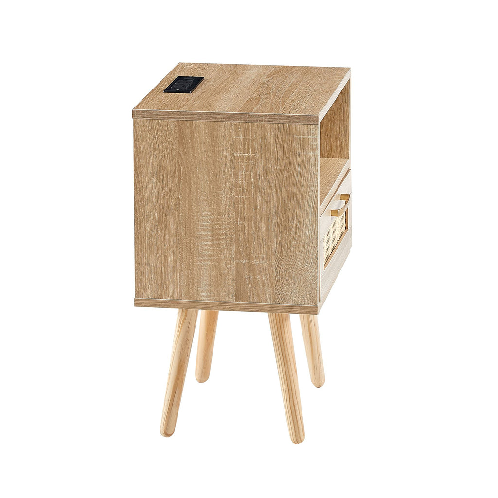 Modern Rattan-Style Nightstand with Power and USB Ports
