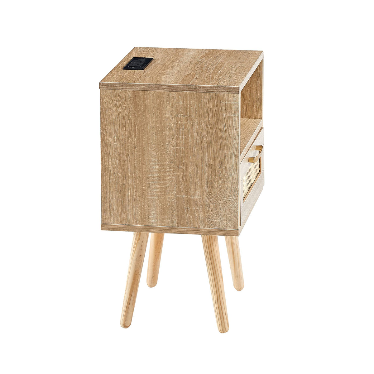 Modern Rattan-Style Nightstand with Power and USB Ports