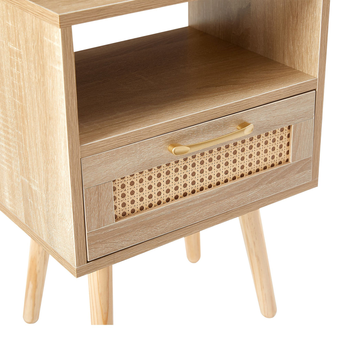 Modern Rattan-Style Nightstand with Power and USB Ports