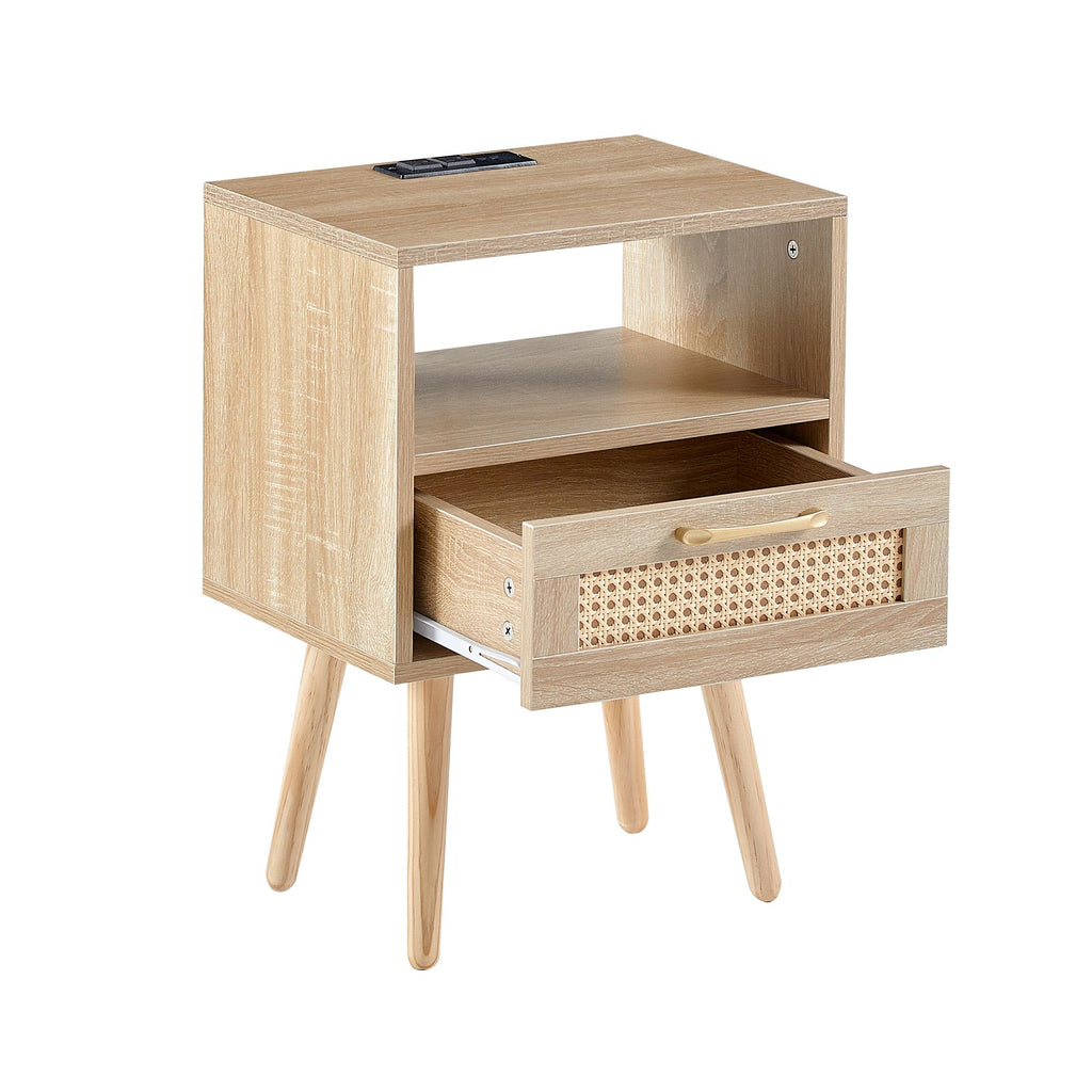 Modern Rattan-Style Nightstand with Power and USB Ports