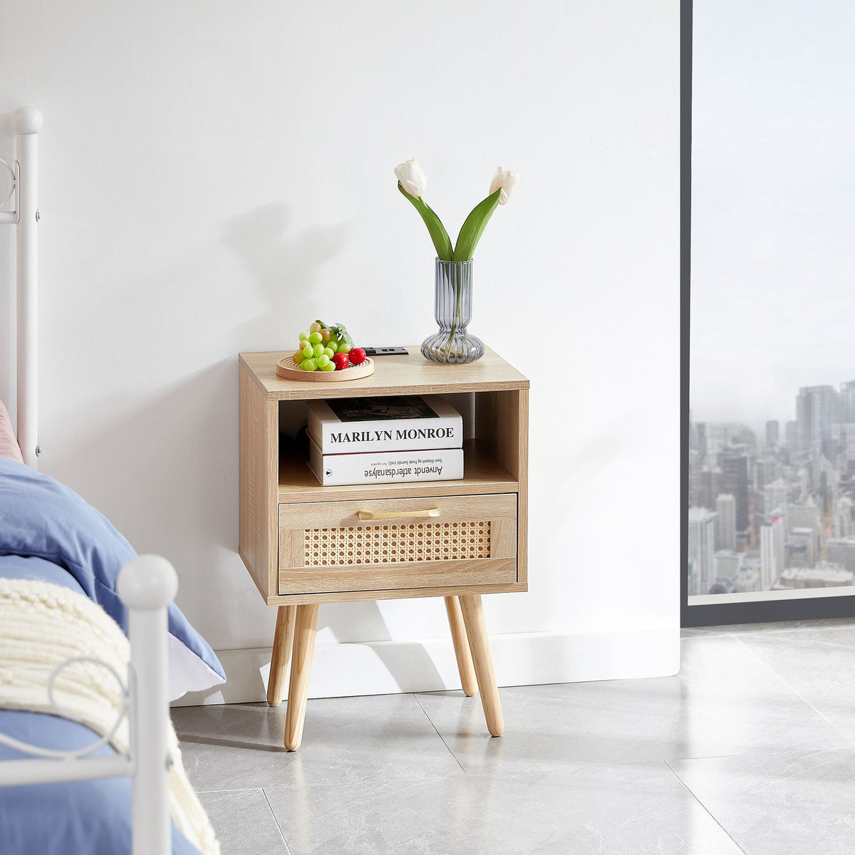 Modern Rattan-Style Nightstand with Power and USB Ports