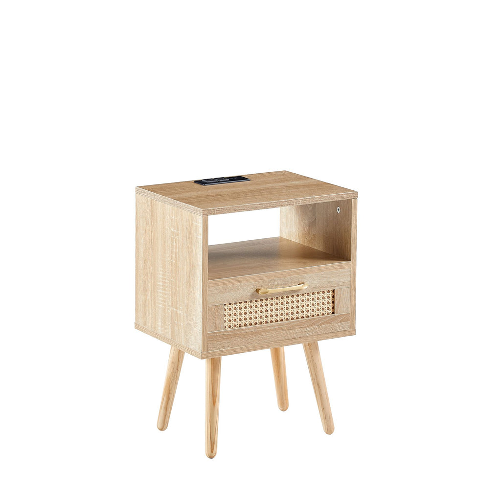Modern Rattan-Style Nightstand with Power and USB Ports