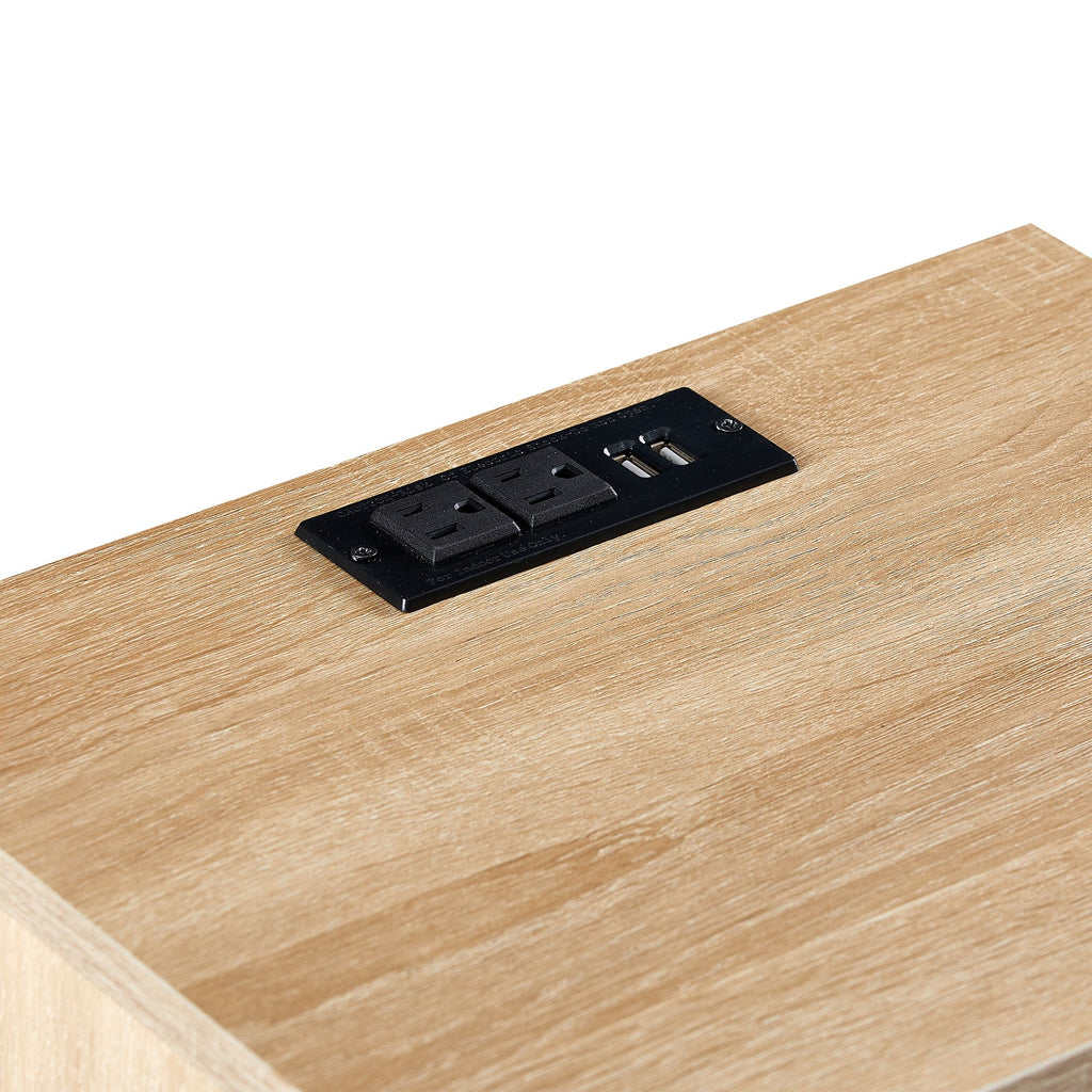 Modern Rattan-Style Nightstand with Power and USB Ports