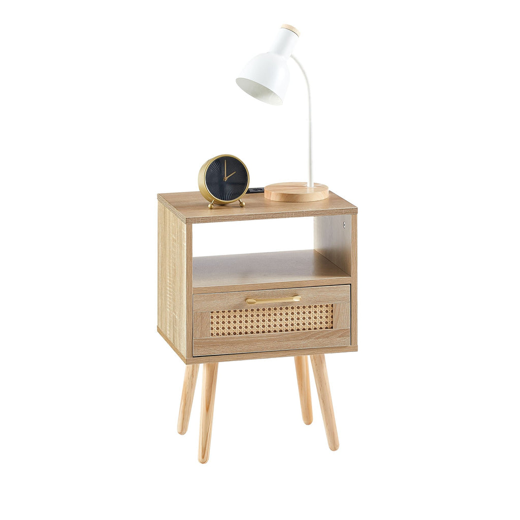 Modern Rattan-Style Nightstand with Power and USB Ports