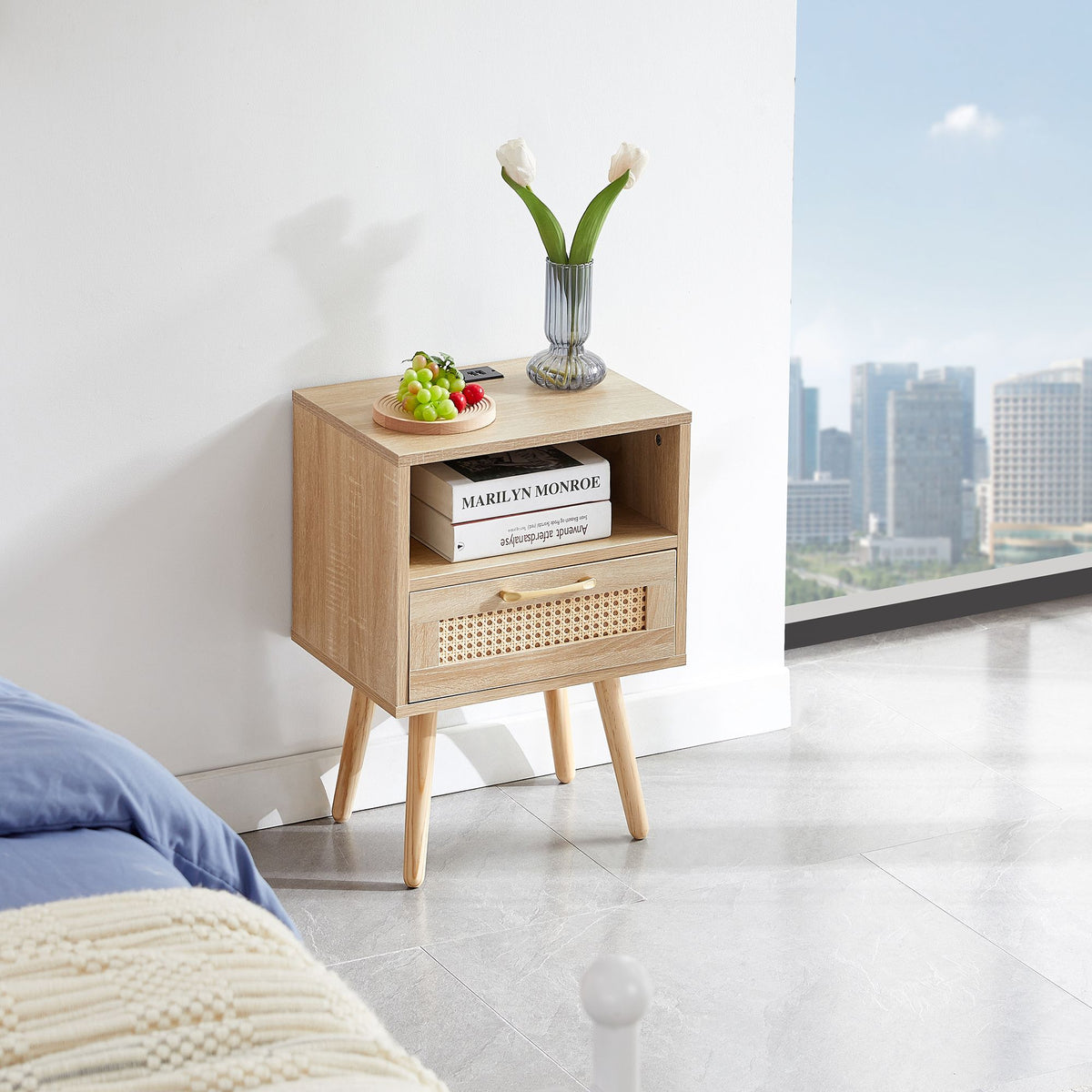 Modern Rattan-Style Nightstand with Power and USB Ports