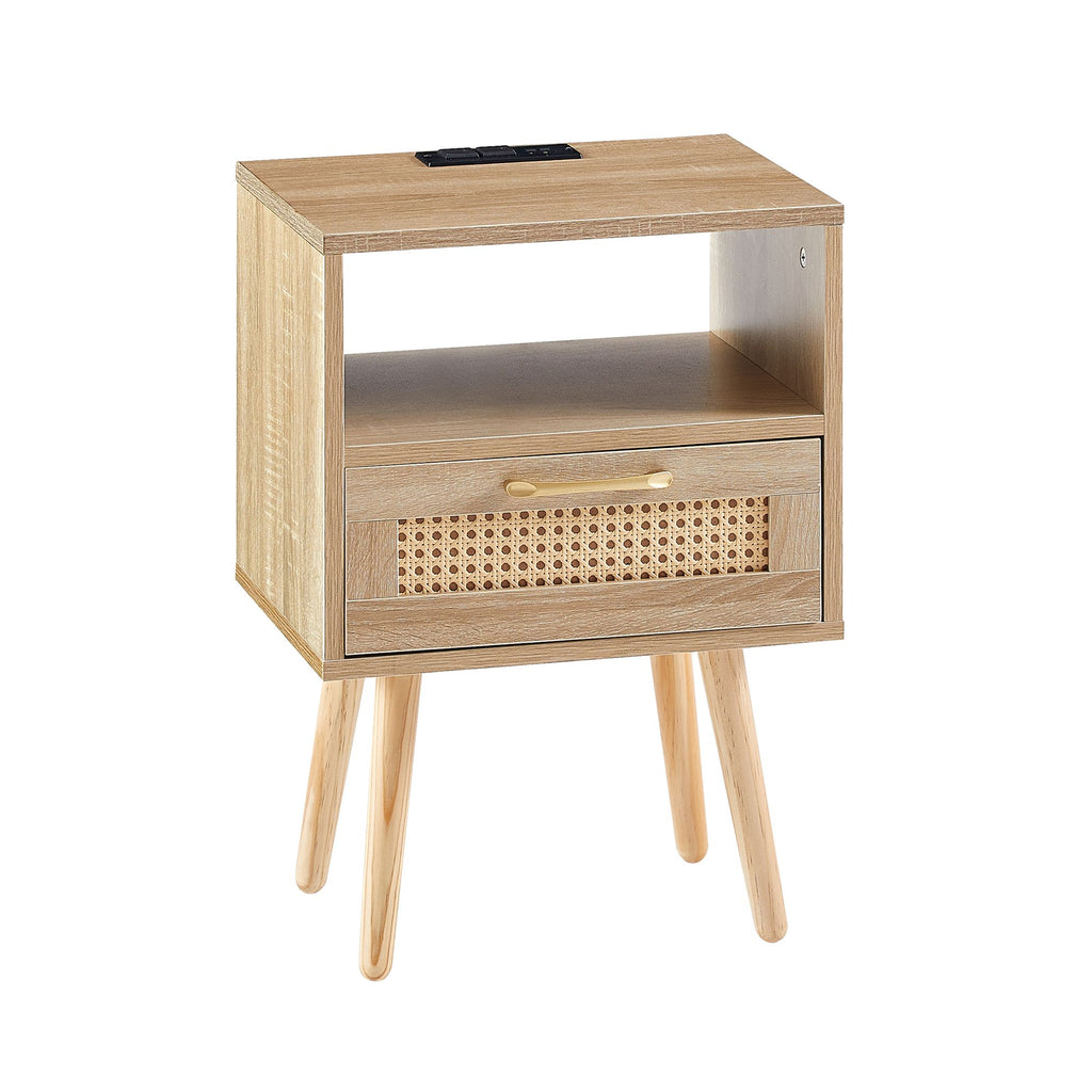 Modern Rattan-Style Nightstand with Power and USB Ports