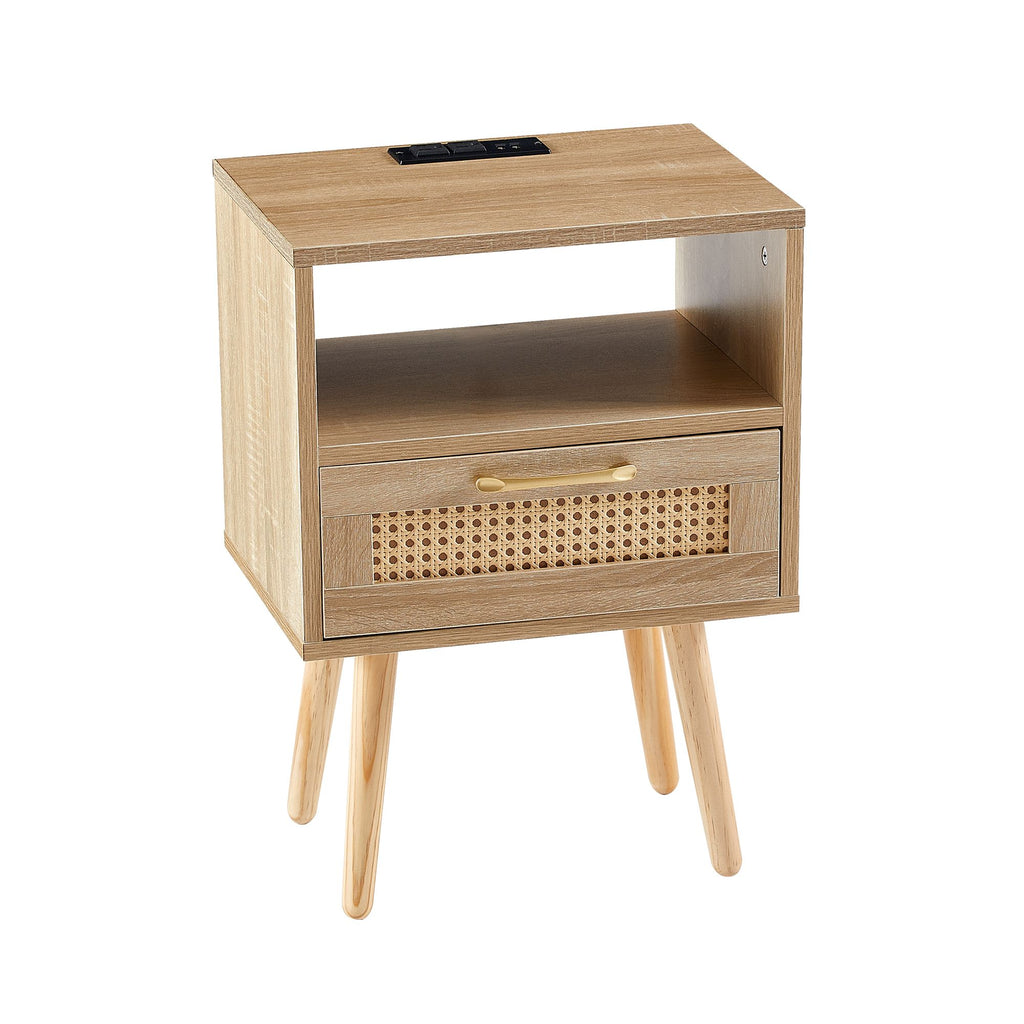 Modern Rattan-Style Nightstand with Power and USB Ports