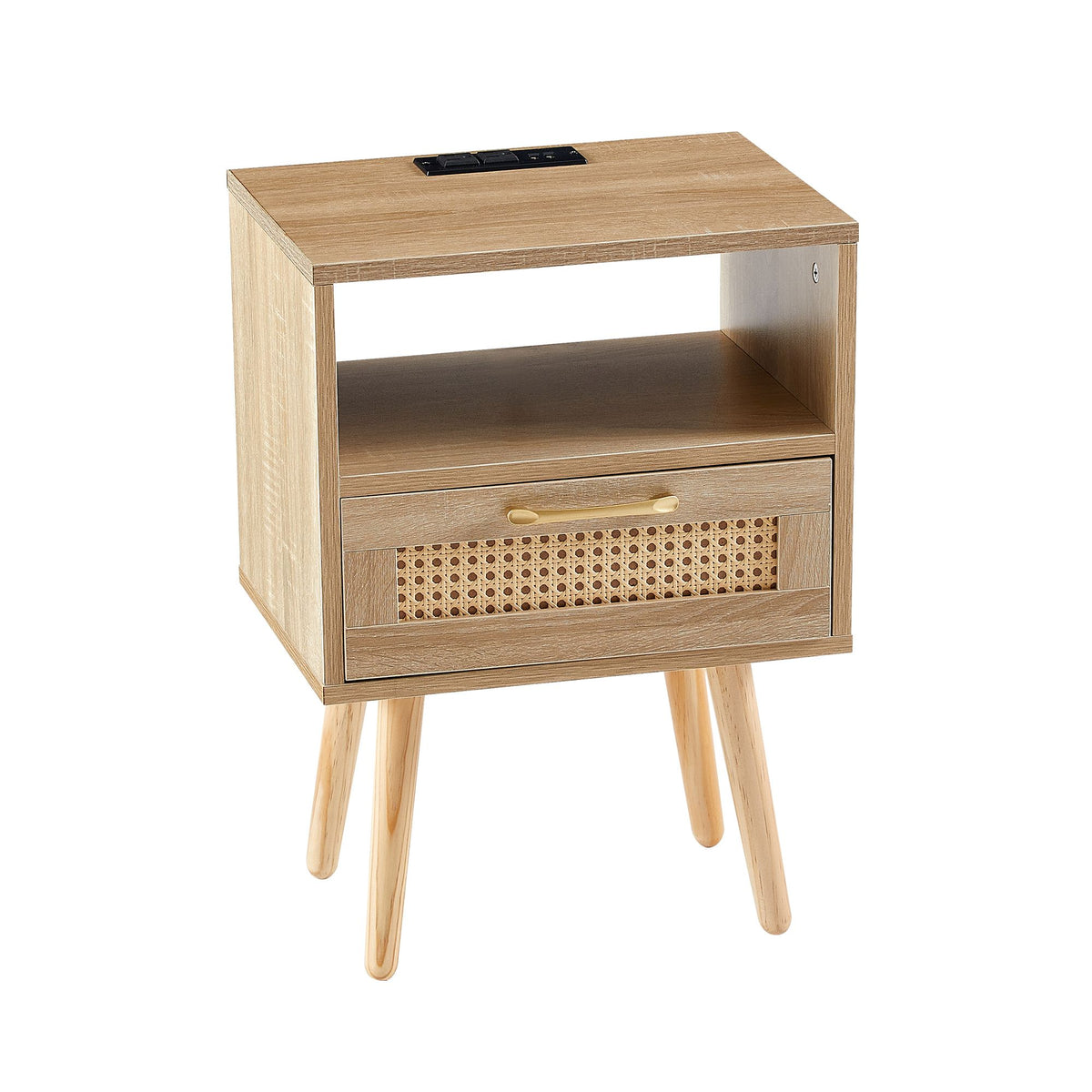 Modern Rattan-Style Nightstand with Power and USB Ports