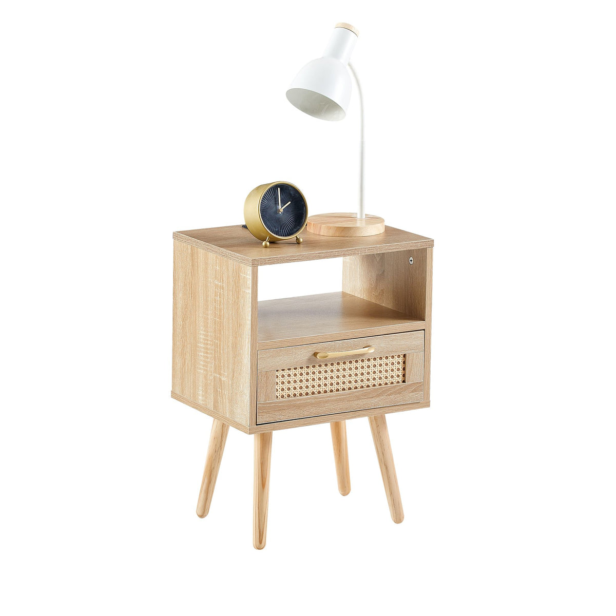 Modern Rattan-Style Nightstand with Power and USB Ports
