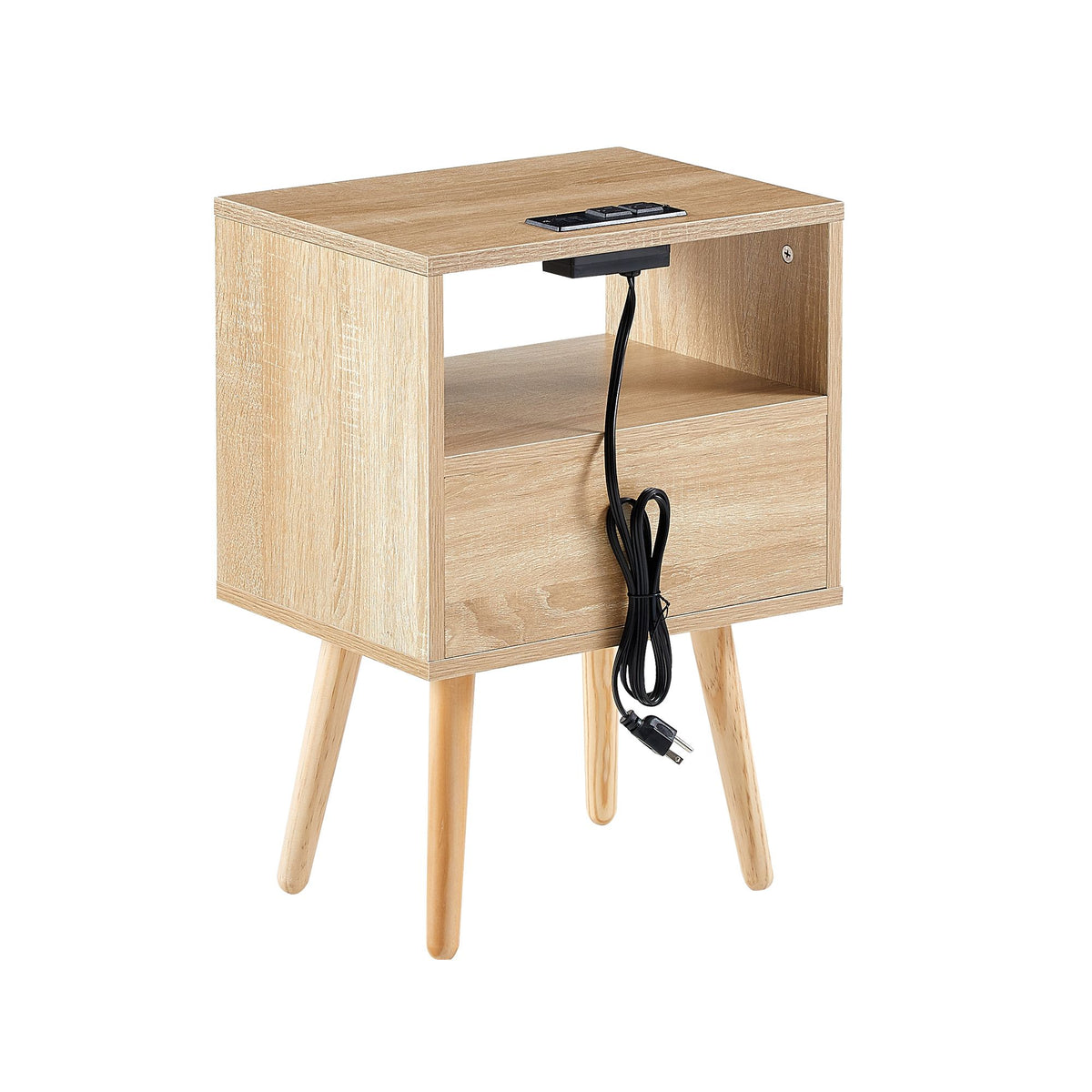 Modern Rattan-Style Nightstand with Power and USB Ports