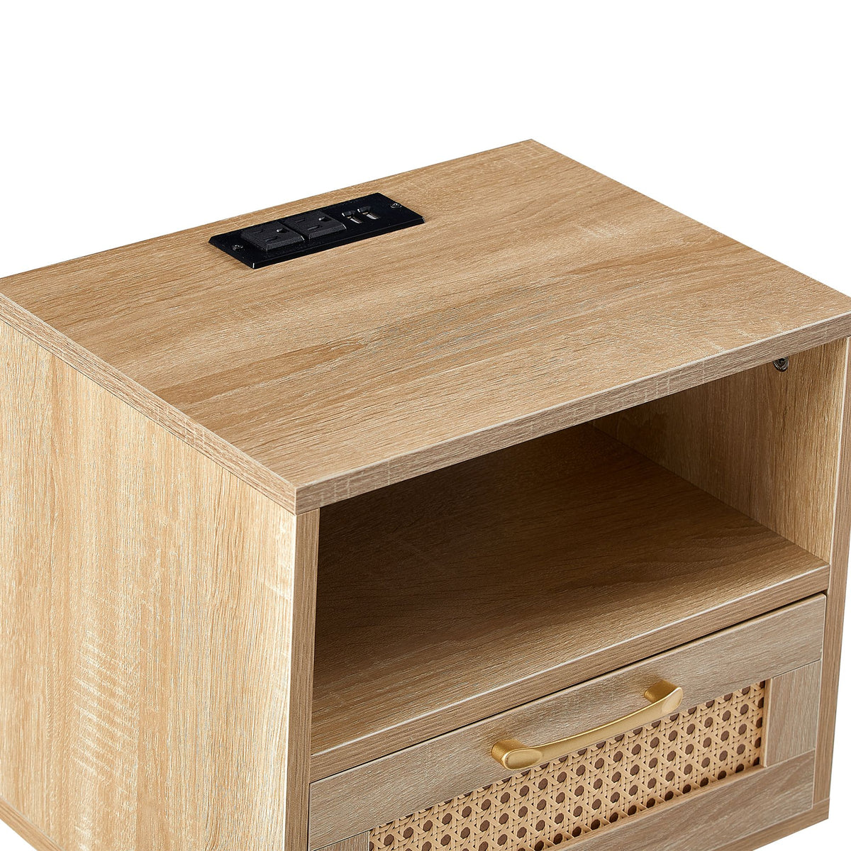 Modern Rattan-Style Nightstand with Power and USB Ports