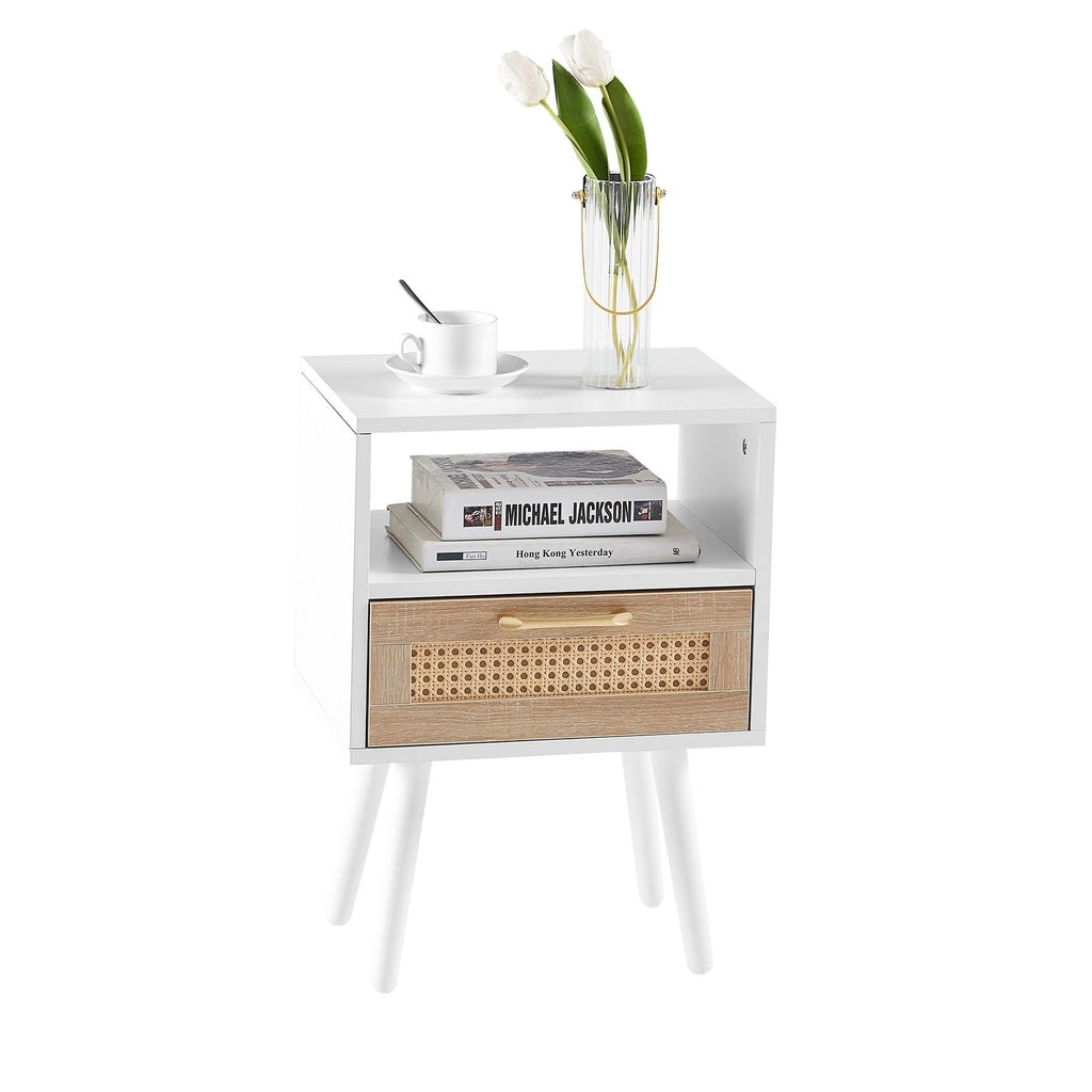 Black Rattan-Style Nightstand with Charging and Drawer