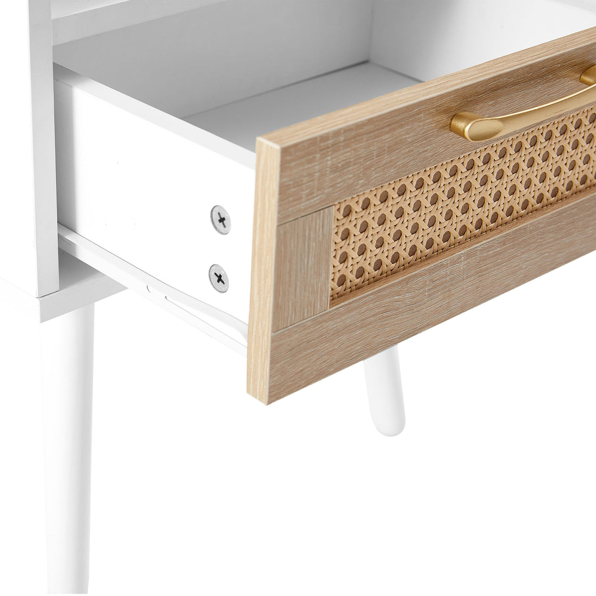 Black Rattan-Style Nightstand with Charging and Drawer