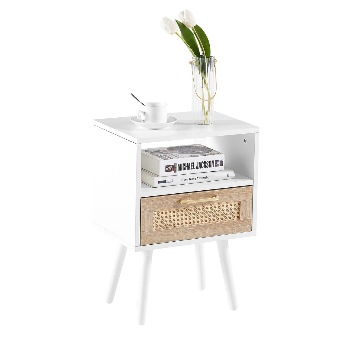 Black Rattan-Style Nightstand with Charging and Drawer
