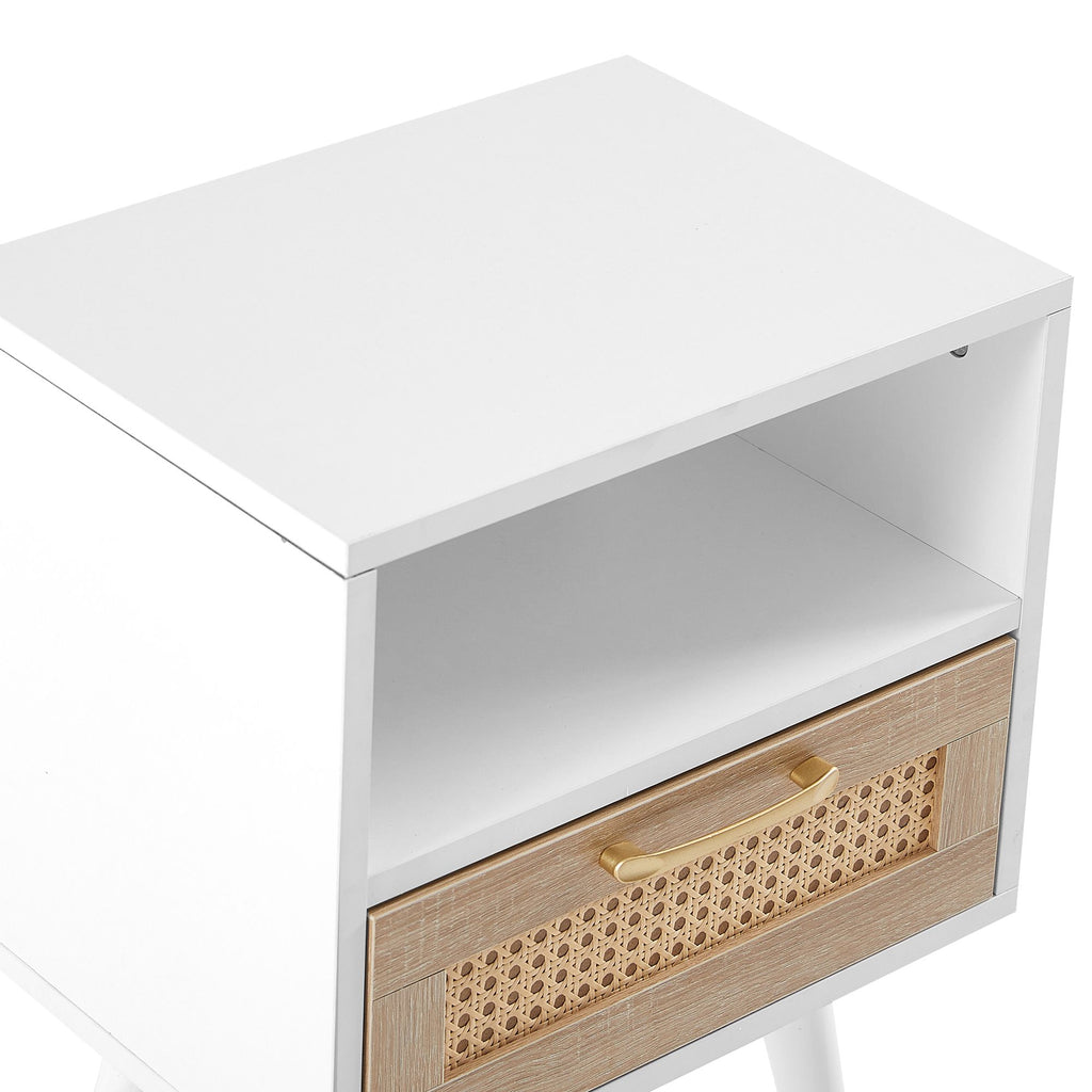 Black Rattan-Style Nightstand with Charging and Drawer