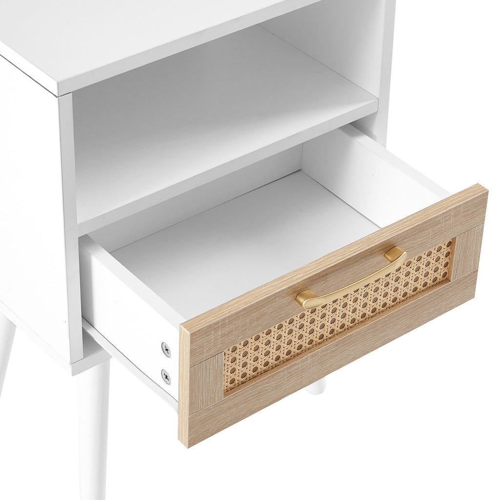 Black Rattan-Style Nightstand with Charging and Drawer
