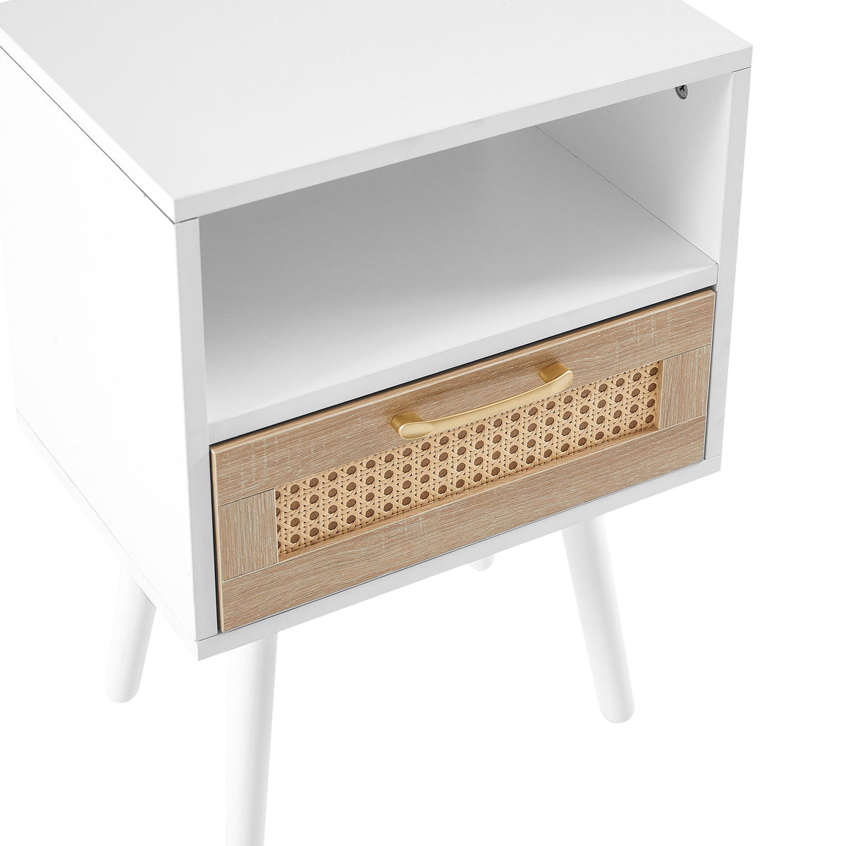 Black Rattan-Style Nightstand with Charging and Drawer