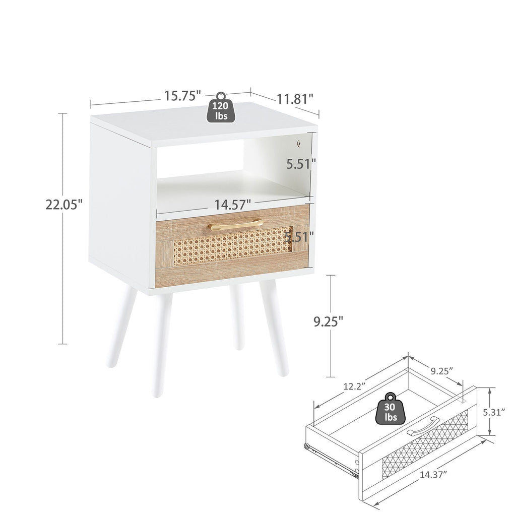 Black Rattan-Style Nightstand with Charging and Drawer