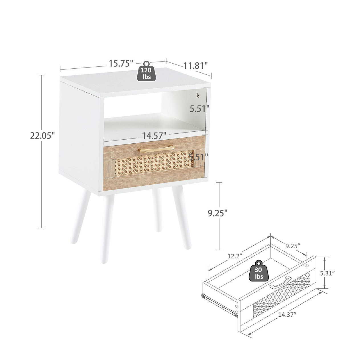 Black Rattan-Style Nightstand with Charging and Drawer