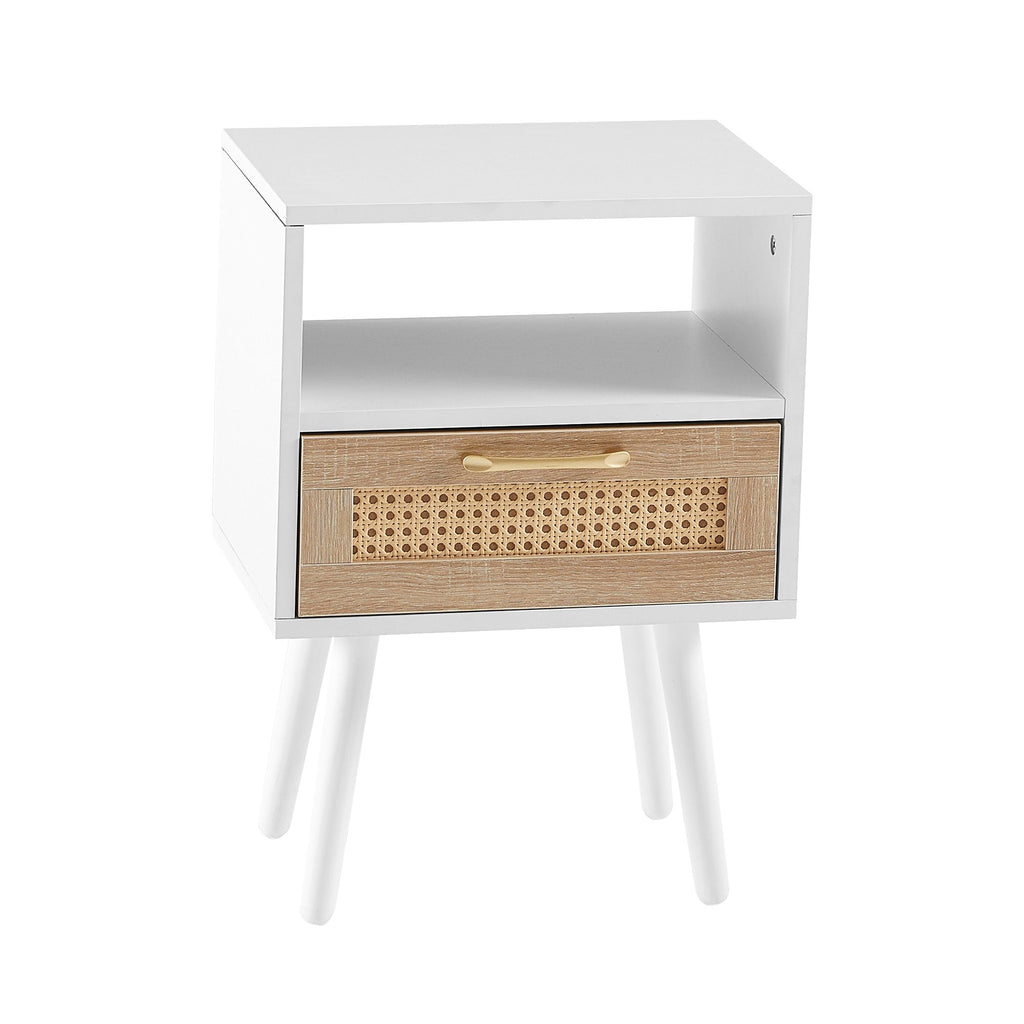 Black Rattan-Style Nightstand with Charging and Drawer
