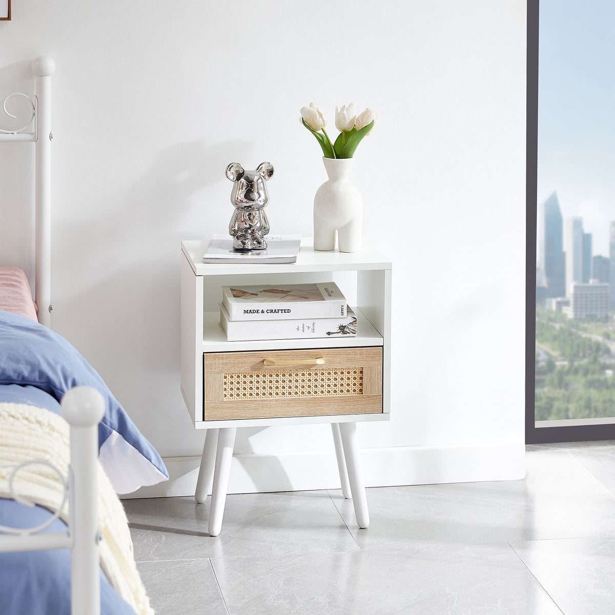 Black Rattan-Style Nightstand with Charging and Drawer