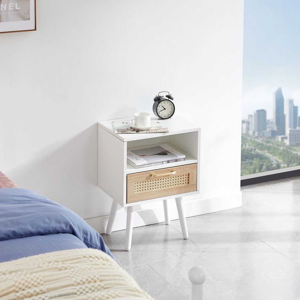 Black Rattan-Style Nightstand with Charging and Drawer