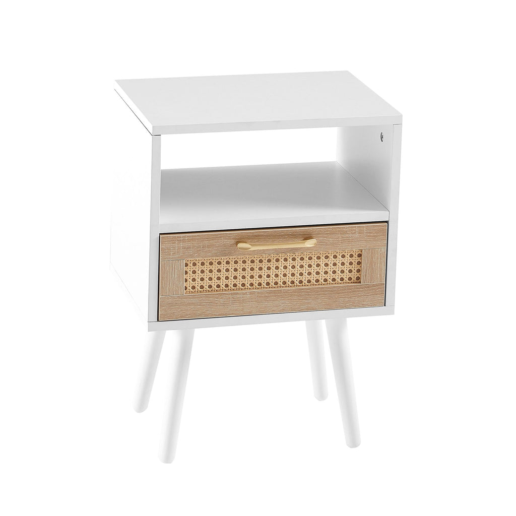 Black Rattan-Style Nightstand with Charging and Drawer
