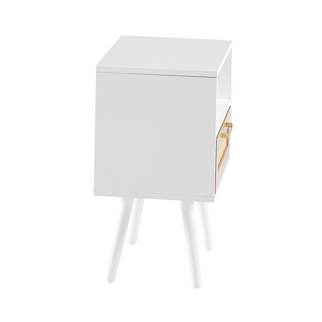 Black Rattan-Style Nightstand with Charging and Drawer
