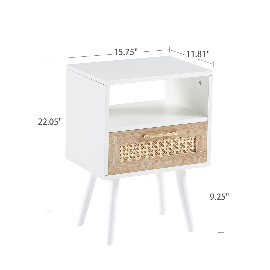 Black Rattan-Style Nightstand with Charging and Drawer