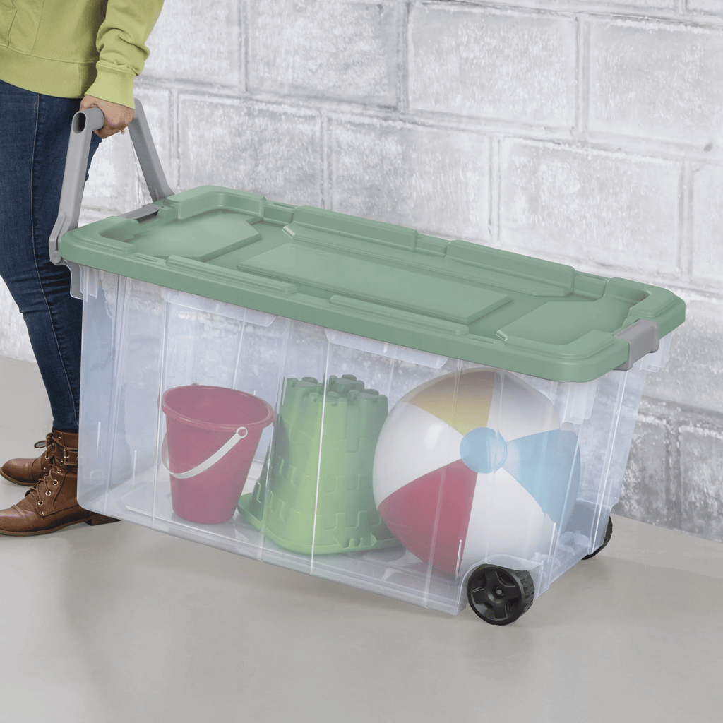 Wheeled Stackable Storage Bins with Latch Lids and Pull Handles, 4 Pack